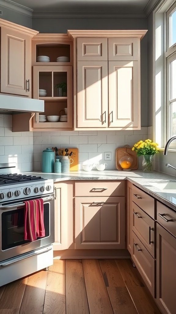 A cozy kitchen featuring newly painted cabinets, showcasing a soft color under bright sunlight.