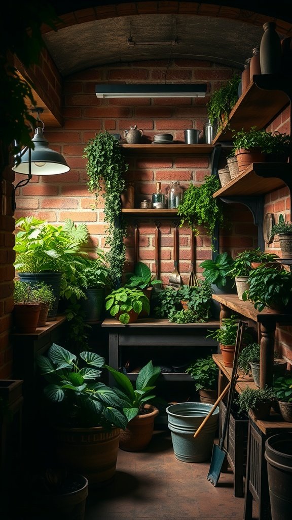 An interior view of a brick-lined herb sanctuary filled with various herbs in pots, dark wooden shelves, and soft lighting.