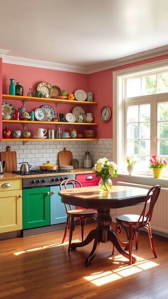 A bright and eclectic cottage kitchen with colorful cabinets and vintage dishware.