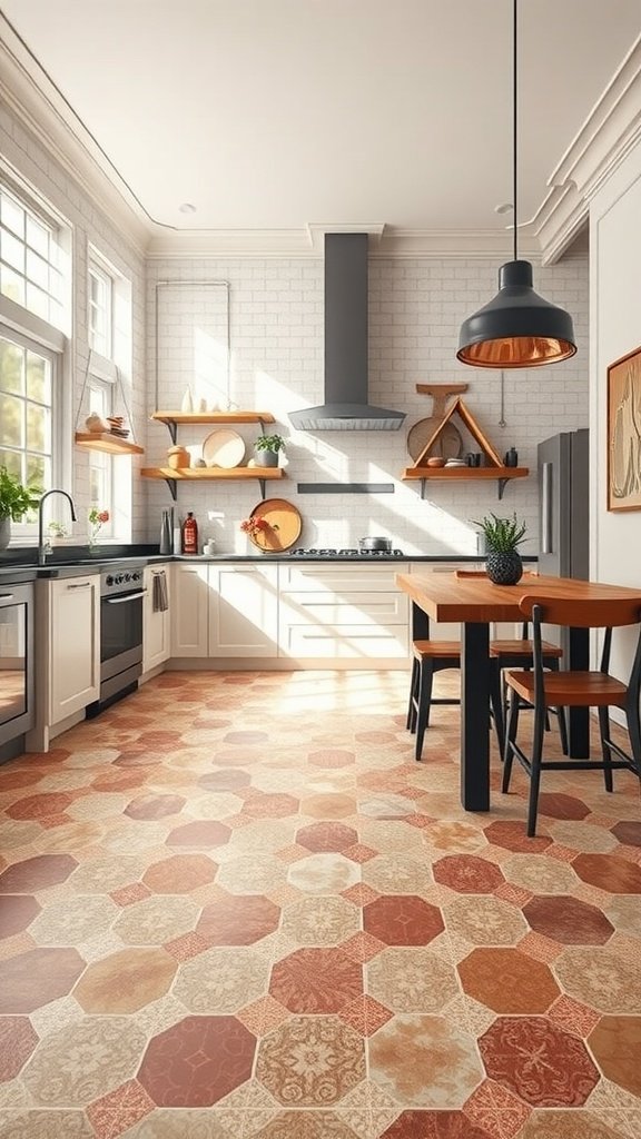 A kitchen featuring hexagon floor tiles, with wooden shelves and modern appliances.