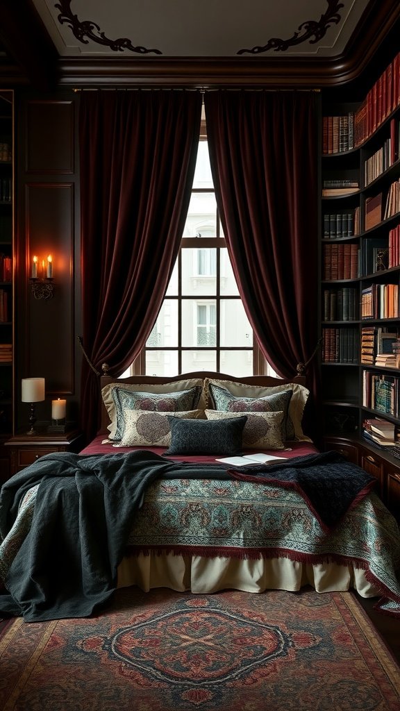 A cozy Dark Academia bedroom featuring a bed with rich patterned textiles, dark curtains, and a warm atmosphere.