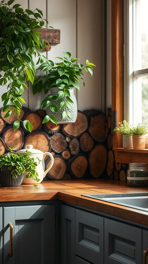 A kitchen corner featuring a wood slice backsplash, green plants, and natural light.