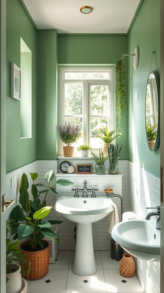 Small bathroom with fresh green walls and plants
