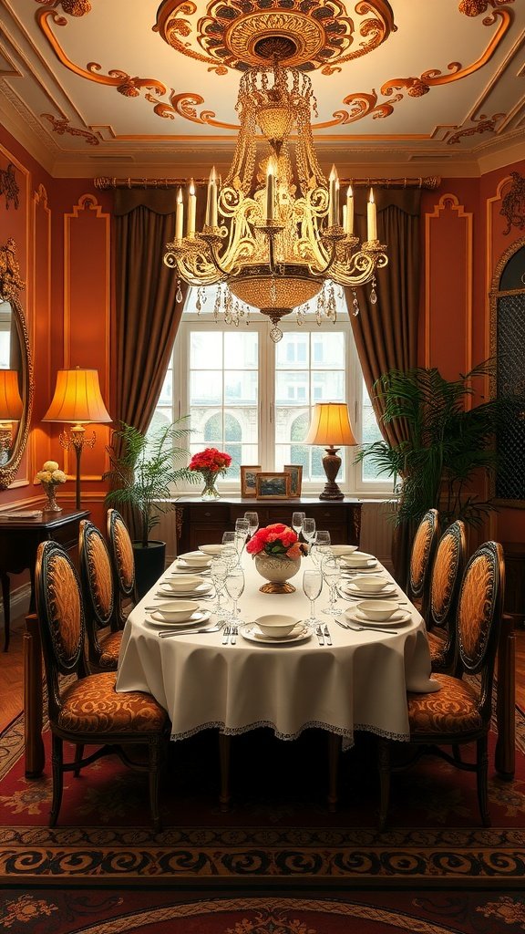 Luxurious Italian dining room with ornate chandelier and elegant decor
