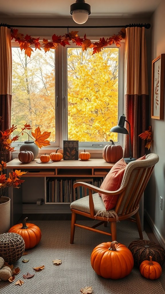 Cozy fall home office with pumpkins, autumn leaves, and a view of trees outside.