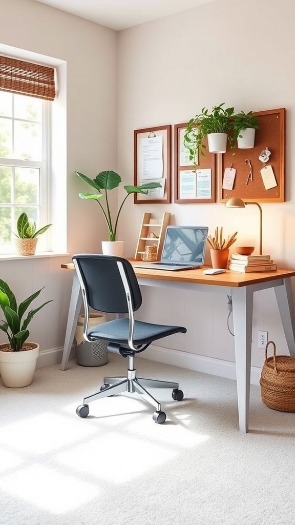 A small, budget-friendly home office featuring a desk, chair, plants, and a corkboard.