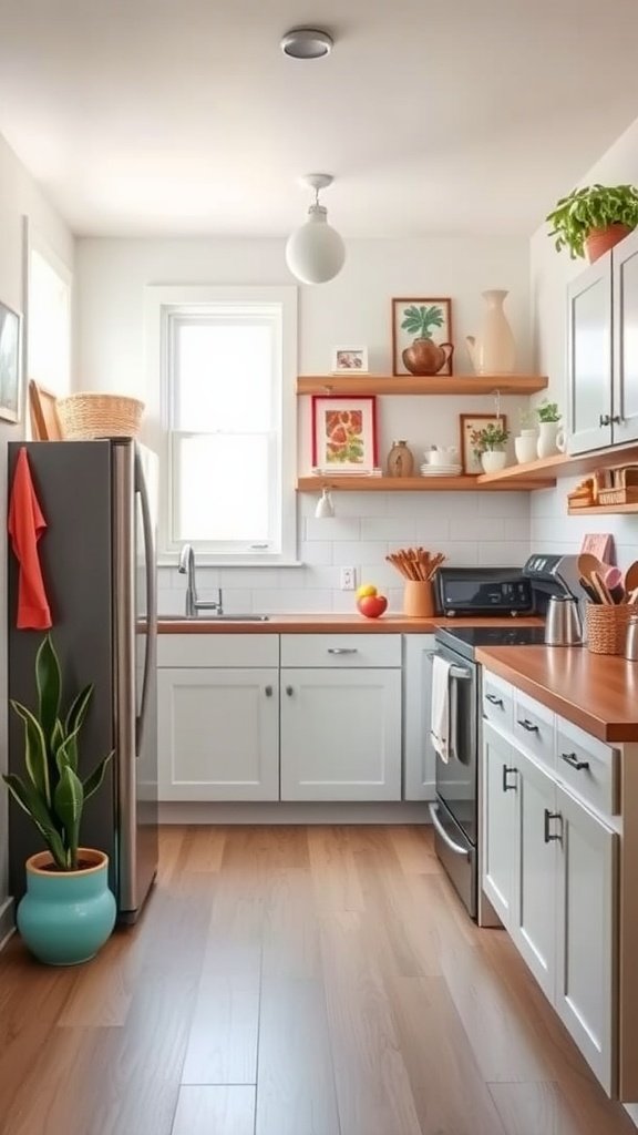 A small, bright kitchen with light cabinets, wooden countertops, open shelving, and plants.
