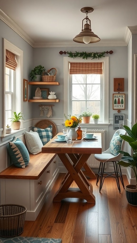 A cozy breakfast nook featuring a butcher block bench, wooden table, and decorative elements.