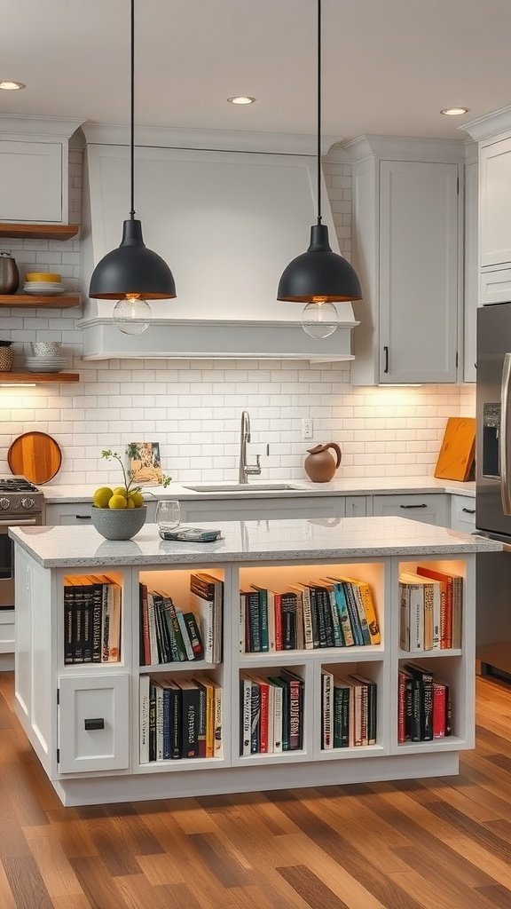 A modern kitchen peninsula with built-in cookbook storage, featuring neatly arranged books and stylish decor.
