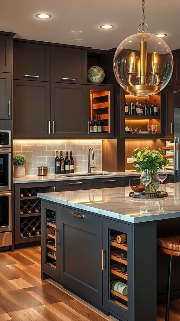 A modern kitchen peninsula with built-in wine storage and elegant decor.