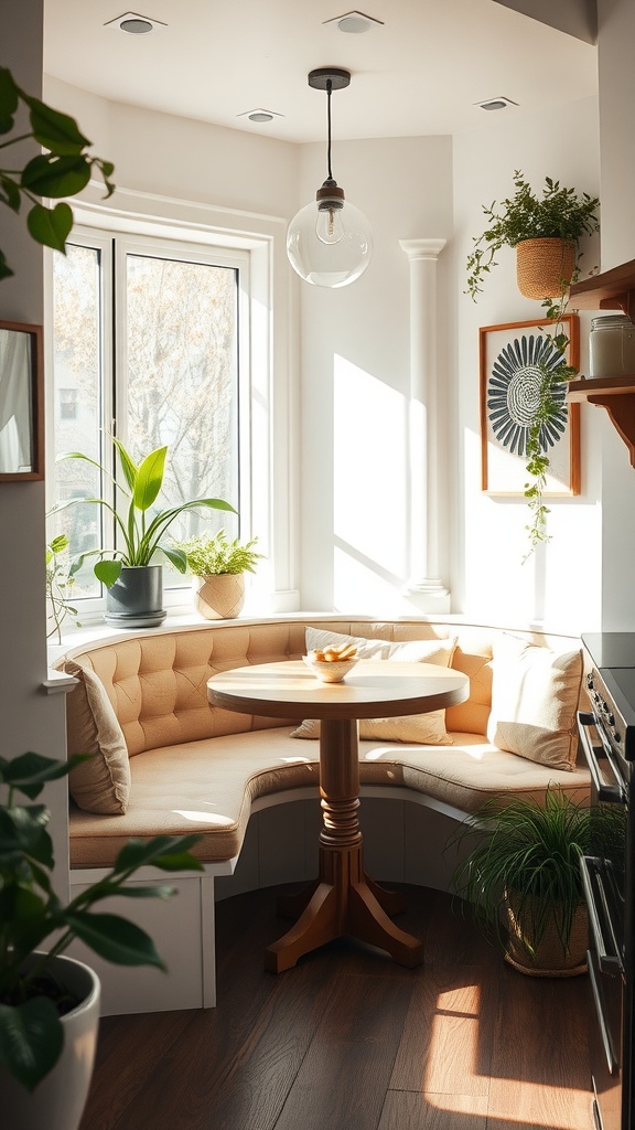 A cozy built-in kitchen booth with a round table and upholstered seating, surrounded by plants and natural light.