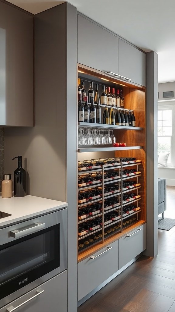 A modern kitchen featuring a built-in wine rack displaying bottles and glasses.