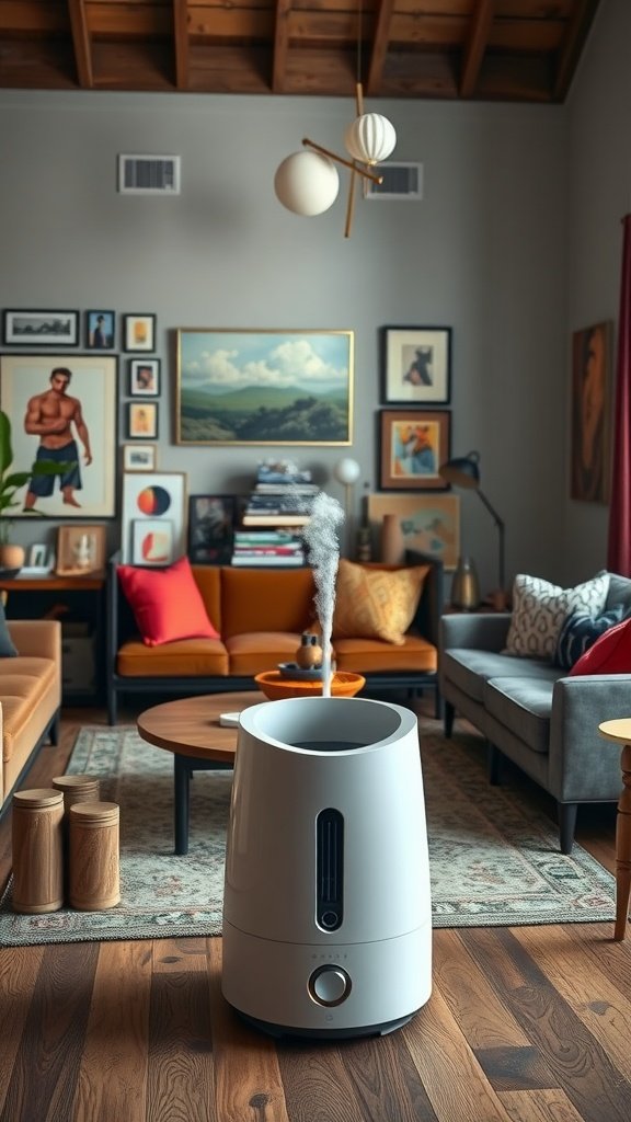 A modern living room featuring a humidifier releasing mist amidst eclectic decor.