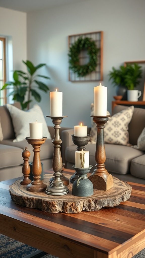 A collection of repurposed candlesticks on a wooden slab in a modern farmhouse living room.