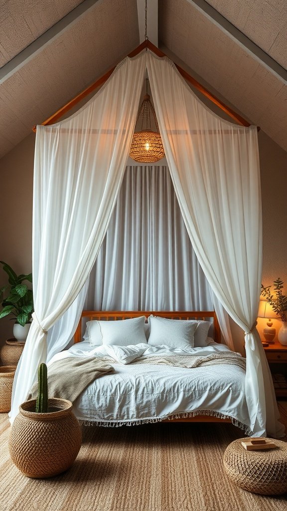 A cozy Boho bedroom featuring a canopy bed with sheer curtains, wooden accents, and natural decor elements.