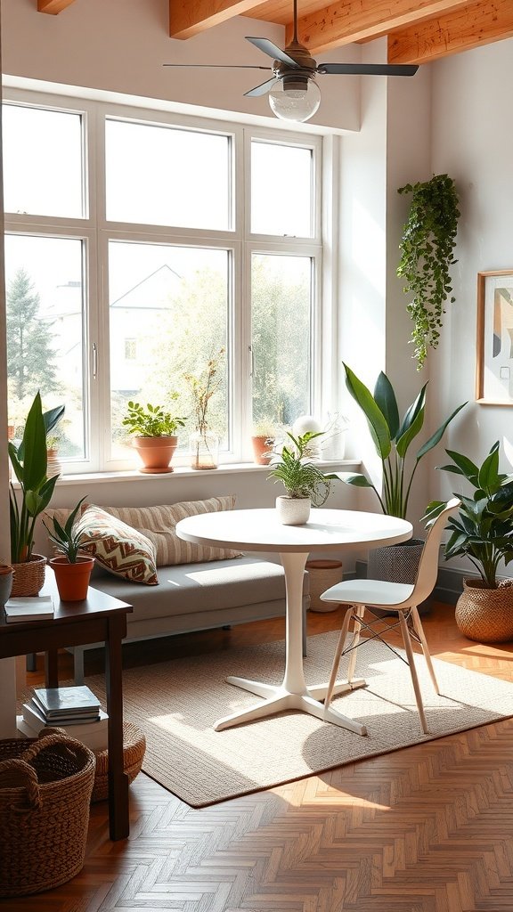 A small living room with a dining table near large windows, filled with plants and natural light.