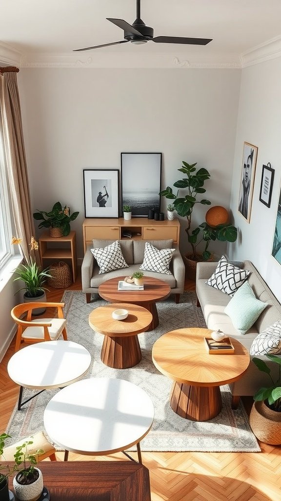A cozy small living room featuring various table shapes, including round and rectangular options, surrounded by plants and comfortable seating.