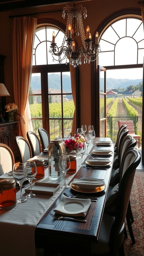 Luxurious Italian dining room with a long wooden table set for a meal, a chandelier, and large windows overlooking vineyards.