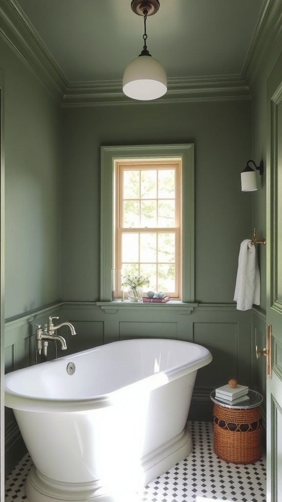 A bathroom painted in Card Room Green by Farrow & Ball featuring a freestanding tub, natural light from a window, and classic black and white tiles.