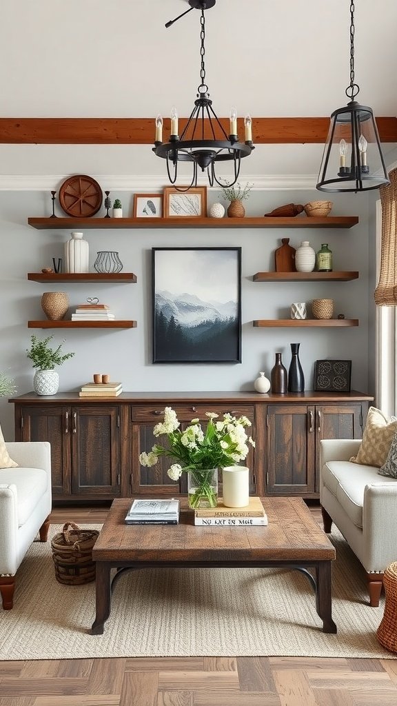 Modern farmhouse living room with cast iron accents and wooden furniture