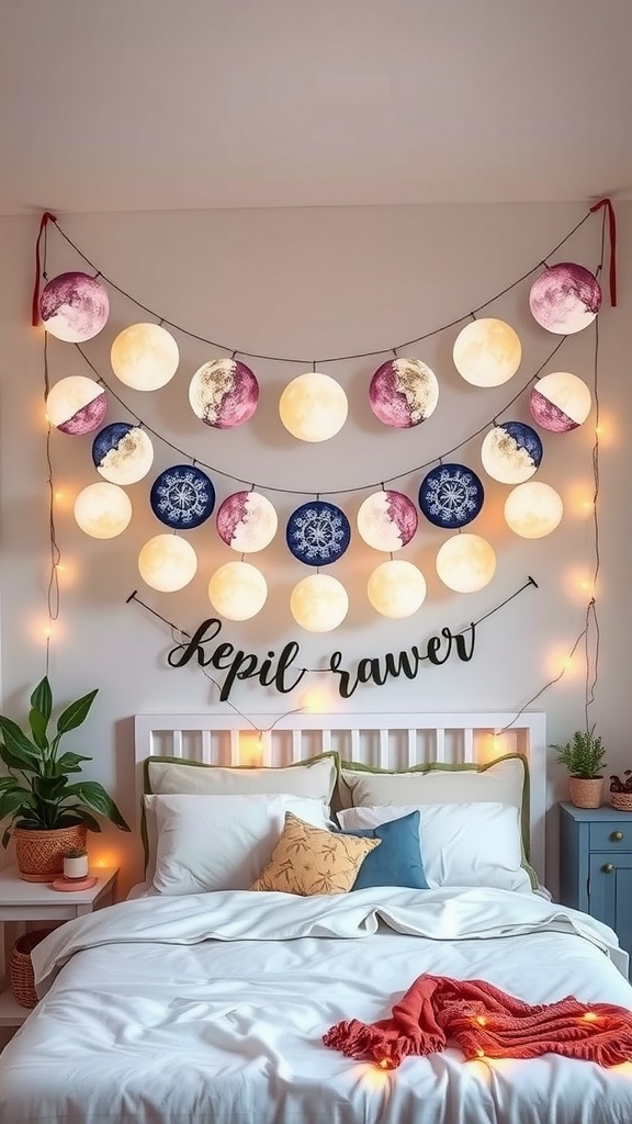 A bedroom featuring a celestial moon phase garland above a bed with decorative pillows and plants