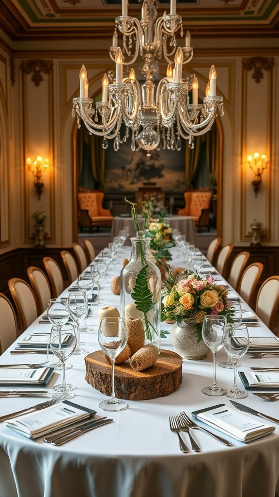 An elegantly set dining table featuring a floral centerpiece, glassware, and a chandelier in a luxurious Italian dining room.