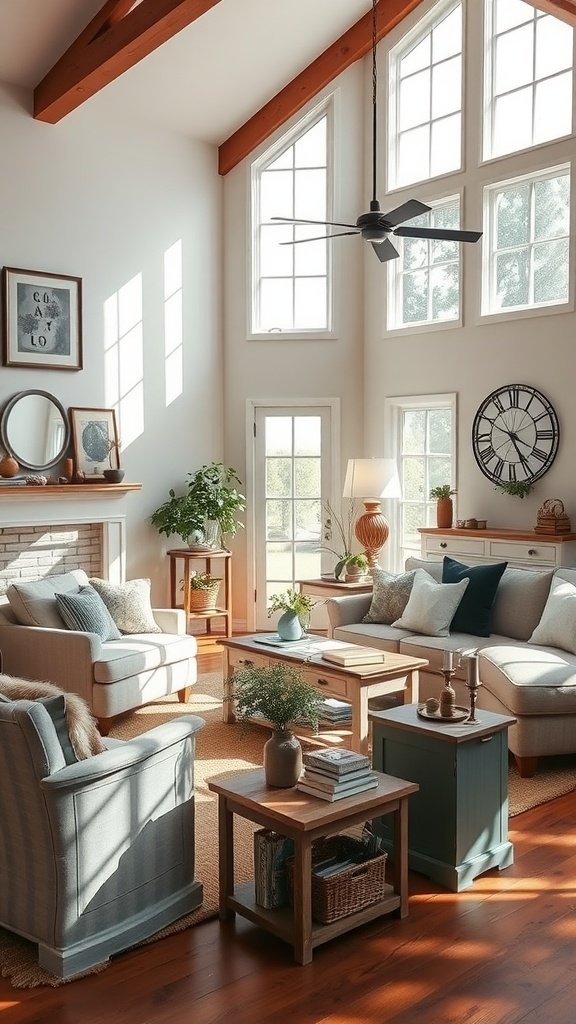 A modern farmhouse living room with chalk painted furniture, featuring light couches and a blue accent table.