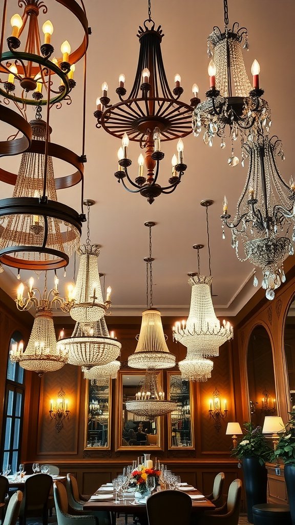 An array of luxurious chandeliers in a beautifully decorated dining room