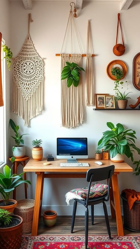 A cozy boho chic home office with plants, a wooden desk, and macramé wall art.