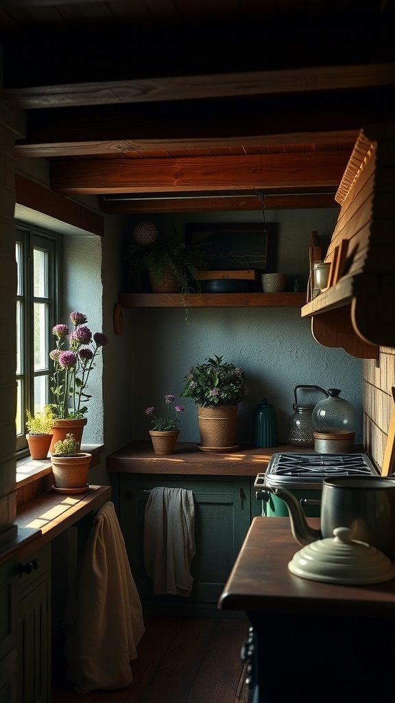A cozy kitchen featuring wooden beams, green cabinetry, and potted plants, embodying dark cottagecore aesthetics.