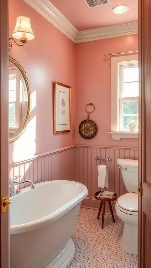A cozy bathroom painted in Cheating Heart by Benjamin Moore, showcasing pink walls, a freestanding tub, and elegant decor.