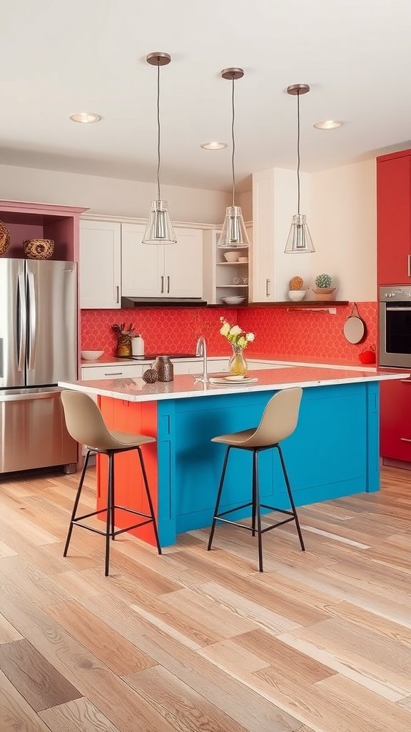 A modern kitchen with a colorful peninsula featuring a blue island and red cabinetry