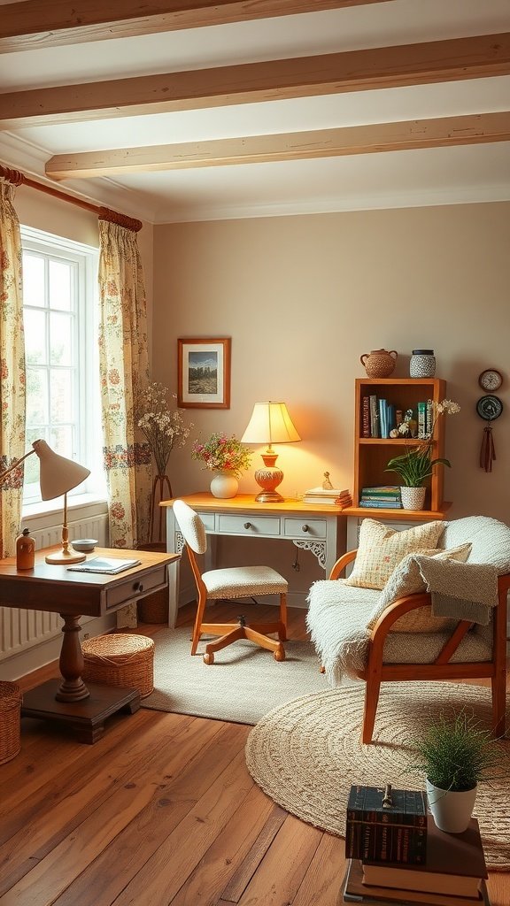 A cozy home office with warm color palette and English cottage style decor