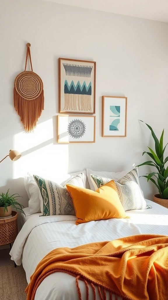 A minimalist boho bedroom featuring a white bed with orange accent pillows and blankets, decorated with wall art and plants.