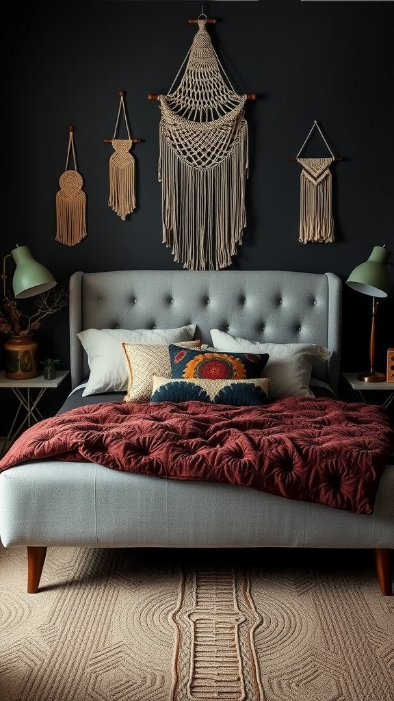 A cozy bedroom with a mid-century upholstered bed, adorned with colorful pillows and a textured blanket against a dark wall decorated with macramé.