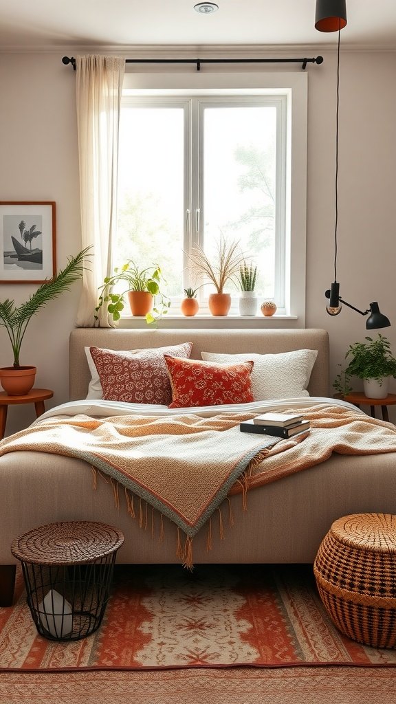 A cozy bedroom featuring an upholstered mid-century style bed frame with colorful pillows and a warm throw, surrounded by potted plants.