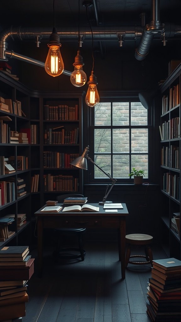 A cozy reading nook with industrial lighting, featuring warm hanging light bulbs, bookshelves filled with books, and a wooden desk.