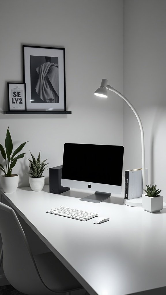 Minimalist home office setup featuring an LED task lamp, computer, and plants on a white desk.