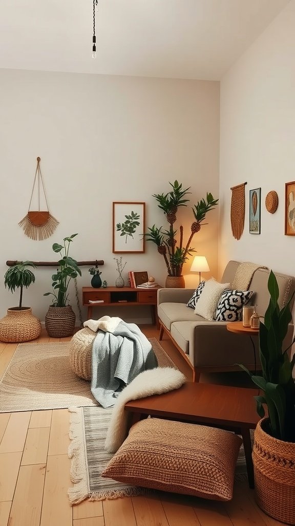 A cozy Boho-style living room featuring low-profile furniture, warm tones, and natural decor.