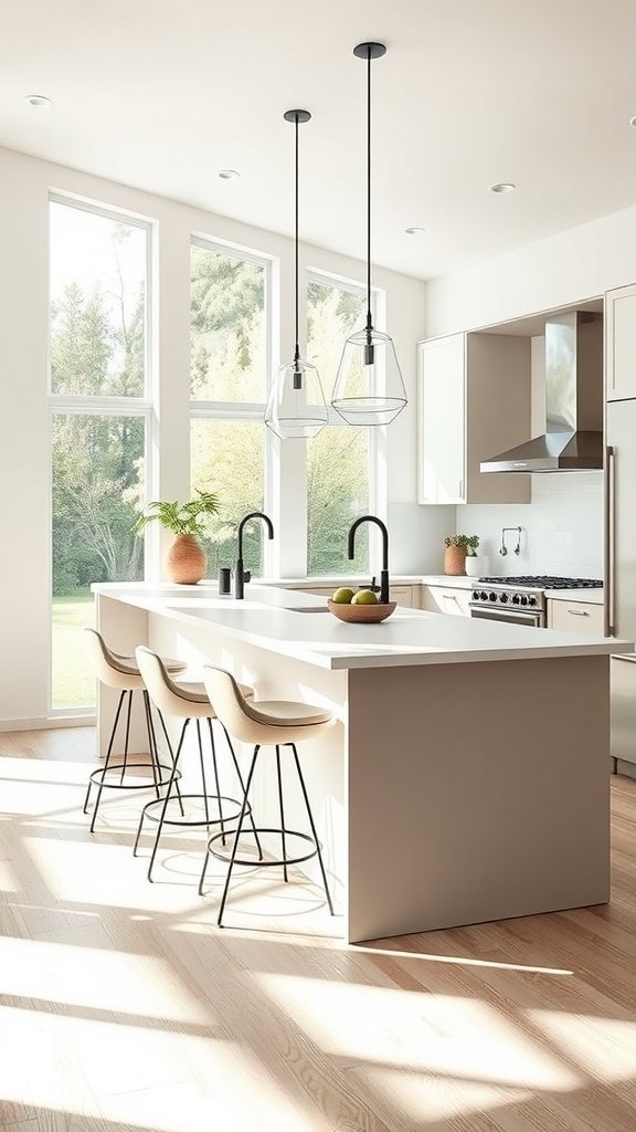 A modern kitchen with a peninsula featuring stylish bar stools, bright windows, and contemporary lighting.