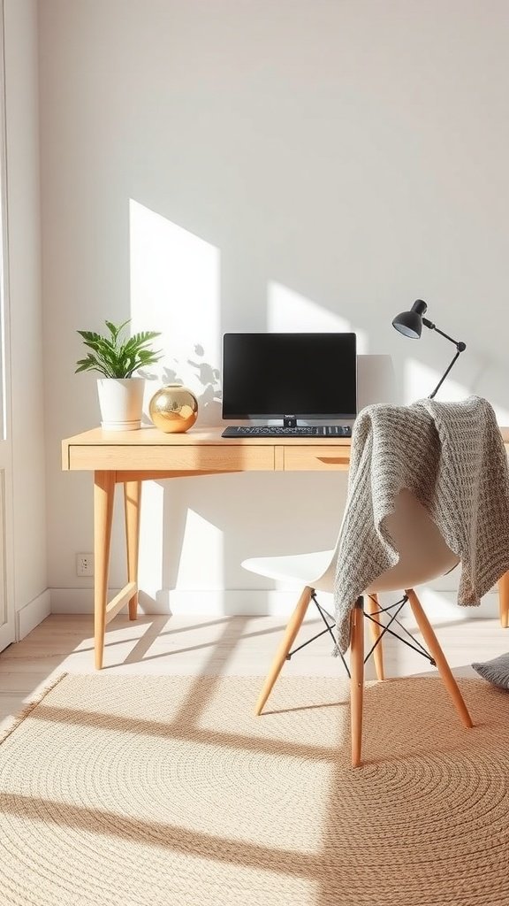 Minimalist home office setup with a wooden desk, computer, plant, and textured blanket.