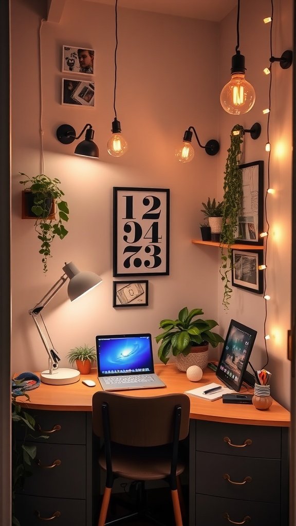 Cozy home office nook with various lighting solutions, plants, and desk setup.