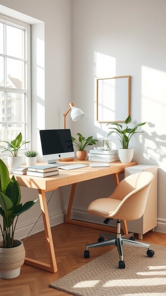 A cozy and minimalistic home office setup featuring a light wooden desk, a soft chair, and potted plants.