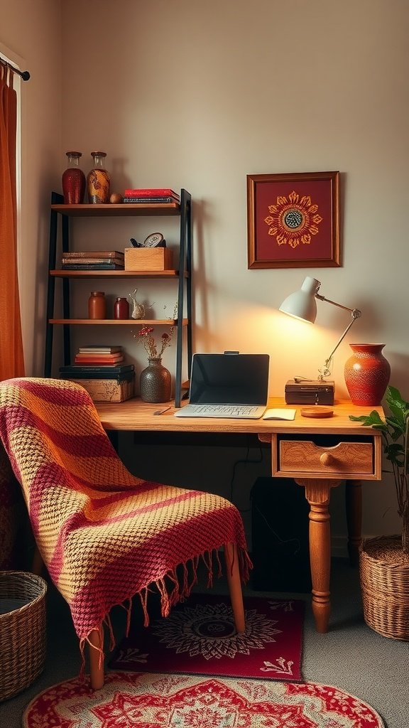 Cozy small home office with warm colors and textures