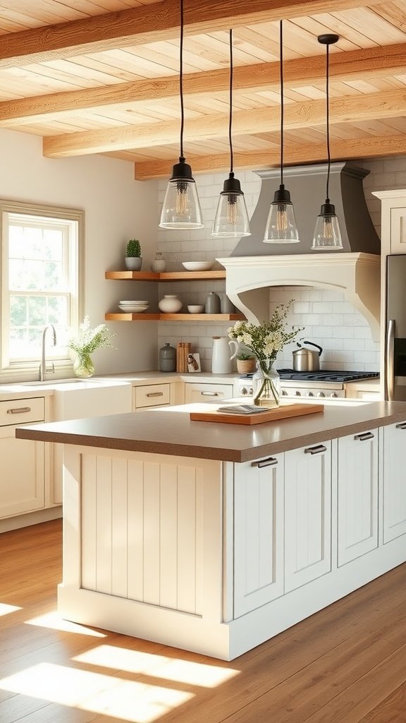 A kitchen peninsula clad with shiplap, featuring warm wooden floors and beams, creating a cozy atmosphere.