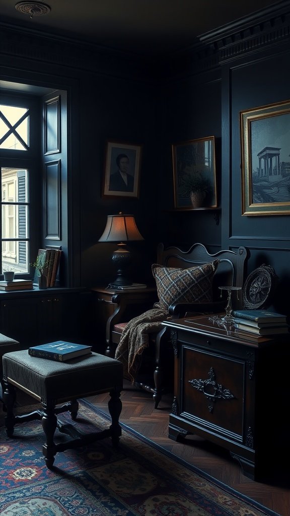 A Dark Academia styled bedroom featuring classic furniture, warm lighting, and elegant artwork.
