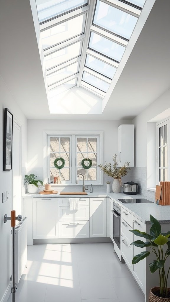 Small modern kitchen with skylights, white cabinets, and plants.