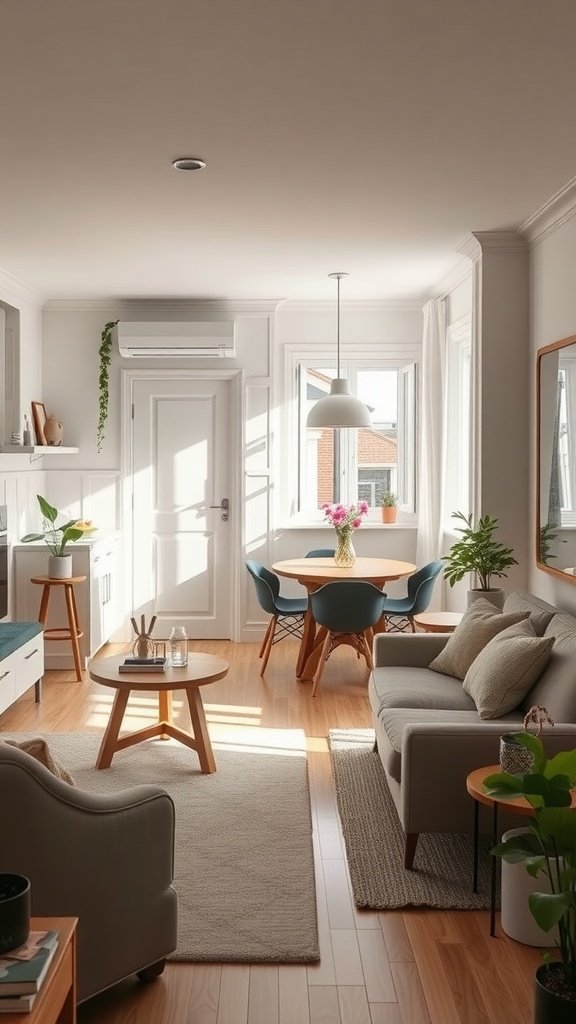 Cozy small living room with a dining table near the kitchen