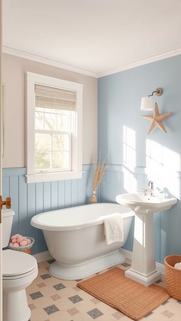 A small coastal bathroom with soft blue walls, white fixtures, and natural decor elements.