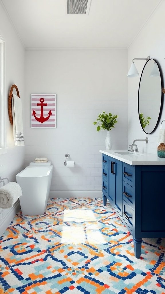 Coastal bathroom featuring a colorful mosaic tile floor and indigo vanity.